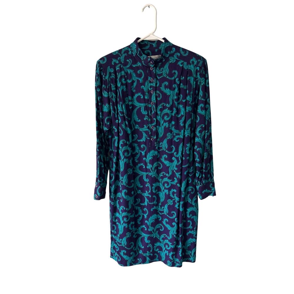 VTG California Design by Dorothy Samuel Blue Floral Long Sleeve Dress 14